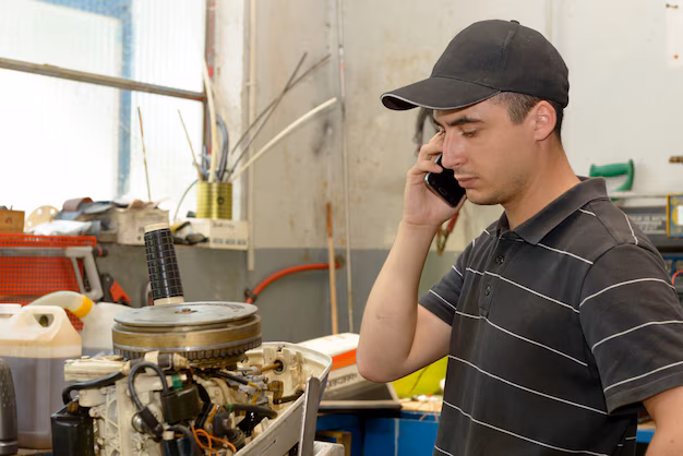 Mechanic discussing engine repairs with customer on phone